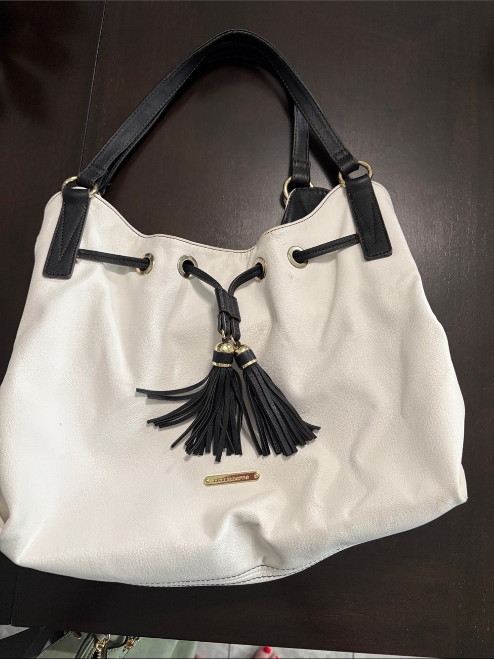 Liz Claiborne White Shoulder Bag with Black Trim and Tassels